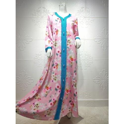 Eid Ramadan Ethnic Print Maxi Dress For Women 2021 Loose Muslim Jalabiya Full Sleeve Arabic Oman Dubai Abaya Islamic Clothing