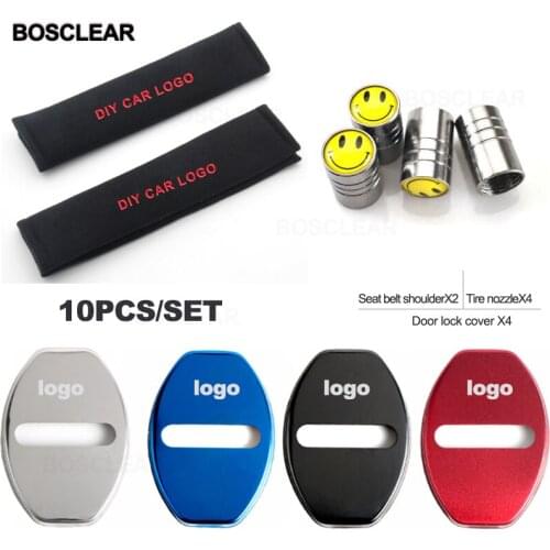 10pcs/set Cotton Seat belt Shoulder Pads covers+Tire Valve Stem caps+Door lock cover emblems Badges auto accessories Car-styling