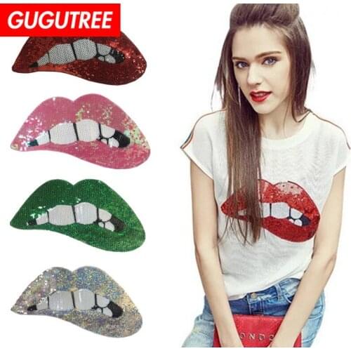 GUGUTREE embroidery Sequins big red pink green gold silver purple lip mouth patches badges applique patches for clothing FD-15