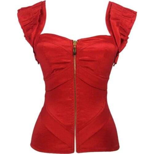Burvogue Free shipping women red satin corset sexy corset push-up women pink zipper bodyshaper bustier S-2XL
