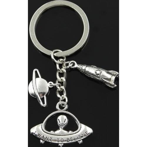Fashion 30mm Key Chain Keychain Jewelry Silver Color Rocket Spaceship Alien UFO Planet Spark Pendant