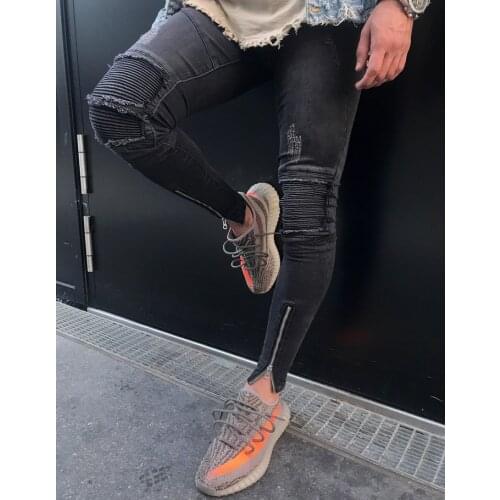 Men Motorcycle Skinny Dark Gray Stretch Moto Denim Pants Joggers Plus Size 38 Neverfunction Hem Zipper Ripped Knee Biker Jeans