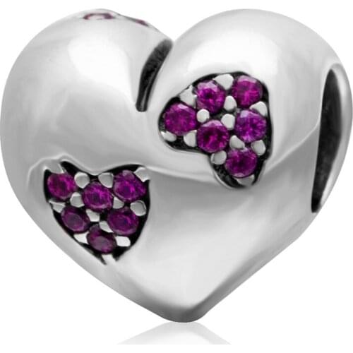 Fuchsia Zircon Micro Pave Heart Authentic 925 Sterling Silver European Charm Beads DIY Fine Jewelry Findings SZPB241