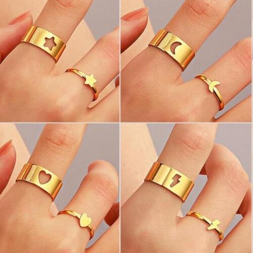 Couple Ring Set Stainless Steel Moon Rings For Women Men Gold Silver Color Jewelry Butterfly Snake Ring 2-piece Set A25