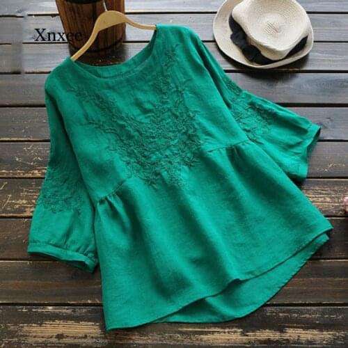 Summer Boho Embroidery Flax Blouse Women Plus Size Short Sleeve Tunic Cotton Embroidery Blouse Shirts Ladies o Neck Casual Tops