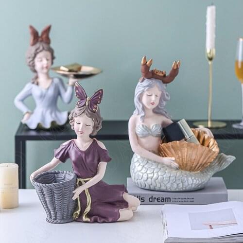 Cute Girl Resin Storage Tray Fruit Snack Plate Coffee Table Desktop Jewelry Organizer Trays Mermaid Ornaments Home Decoration