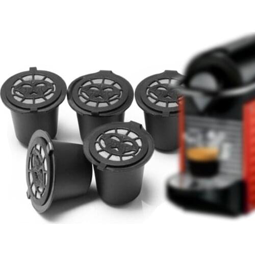 6PCS Reusable Nespresso Coffee Capsules Cup With Spoon Brush Black Refillable Coffee Capsule Refilling Filter Coffeeware Gift