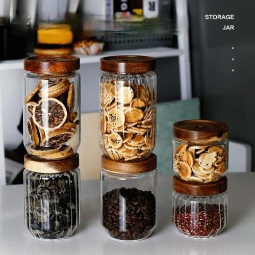 Hammer acacia wood glass storage jar food coffee beans tea sealed jar transparent storage galss bottle food storage containers