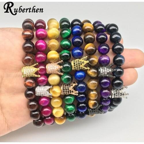 Ruberthen On Sale Men`s Crown Energy Bracelet Simple Design Natural Tiger Eye Stone Bracelet Top Grade Gift Bracelet for Him