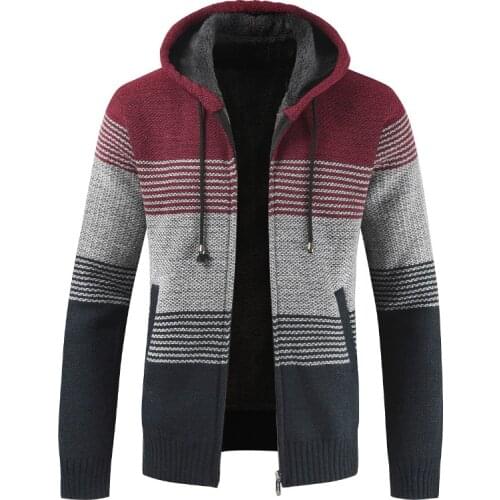 Fad Winter Sweater Coat Men Thick Warm Hooded Cardigan Jumpers Men Striped Wool Liner Zipper Fleece Coats Men