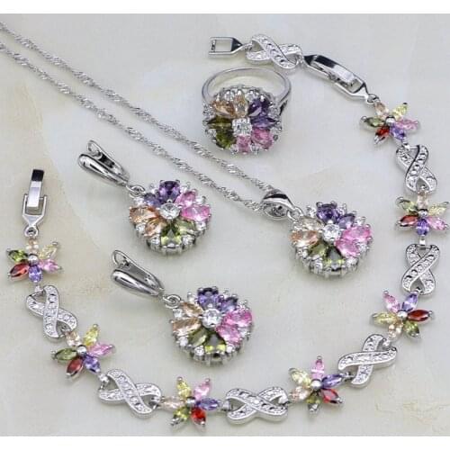 925 Silver Jewelry Sets For Women Multicolor Cubic Zirconia White Crystal Bridal Necklace/Earrings/Bracelet/Pendant/Ring