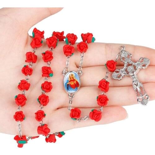 New Arrival 8mm Polymer Clay Rose Beads Rosary Catholic Necklace With Holy Soil Medal Crucifix Prayer Religious Cross Necklaces