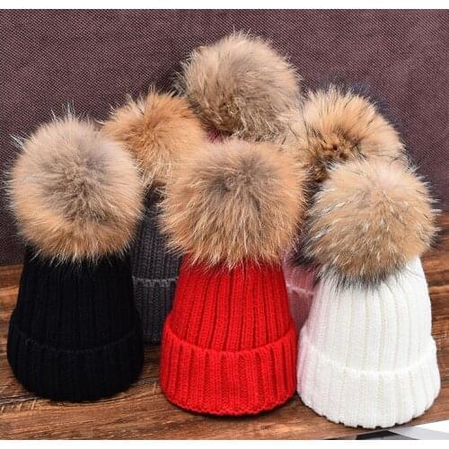 Fall Winter Super Large Mink Wool Ball Childrens Wool Cap Adult Childrens Parent-child Cap Plus Wool Knitted Cap