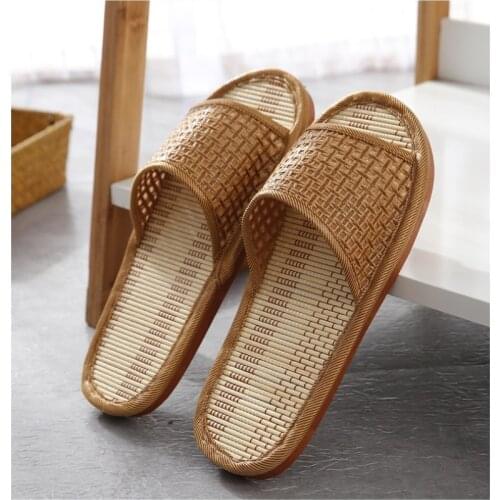 Men Women Summer Shoes Slippers Flax Mesh Breathable Non-Slip Sandals Beach Flip Flops Male Indoor Bamboo Rattan Slippers Slides