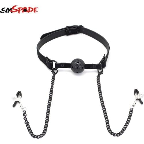 Smspade bdsm Sex Breathable Ball Gag with Nipple Clamps Sex Toys for Couples Sex Bdsm Silicone Open Mouth Gag Slave Adult Games