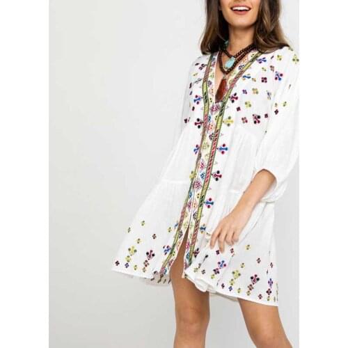 Khalee Yose Floral Embroidery Mini Dress Boho Long Sleeve Vintage Autumn Chic Women Dresses Ethinic Hippie Sexy Ladies Dress