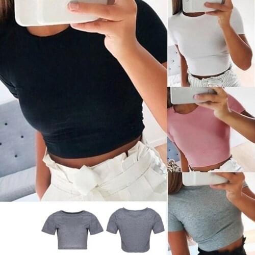 Women Summer T-shirts Short Sleeves Round Neck Slim Fit Casual Pullover Crop Tops Tees Black White Gray