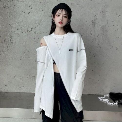 Autumn 2021 New Korean Version Of Wild Personality Mid-length Tops Loose Design Long-sleeved White T-shirt Female Trend