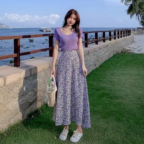 2021 Summer Elegant Two Piece Set Women Square Collar Purple Knit Sweater Tops + Long Floral Chifffon A Line Skirts Office Suits