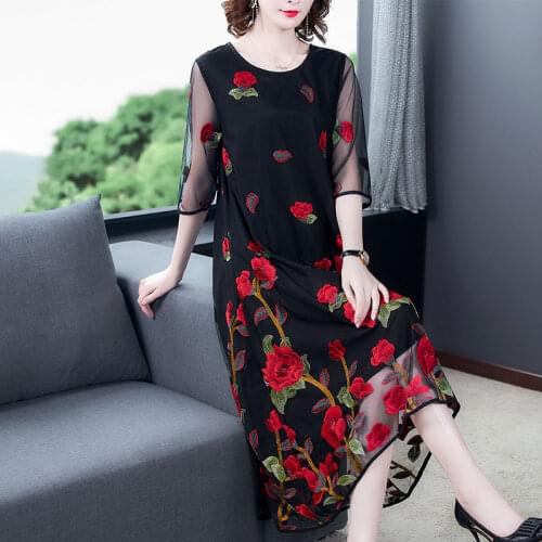 2020 New Summer Middle Aaged Women Mother Midi Dress Female Causal Embroidery Floral Plus Size 4xl Dresses Vestitos W185