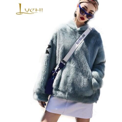 LVCHI 2019 Winter Import Mink Fur Coat Real Fur Coats Women Long Sleeve With Fur Hood Print English Lettern Short Mink Fur Coats