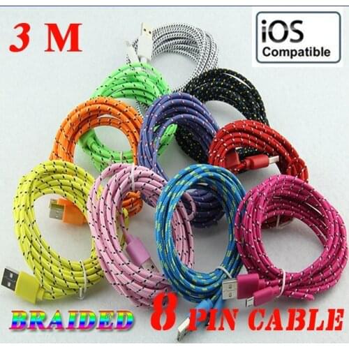1m/2m/3m For Iphone X 8 7 6 5 Round Fabric Braided Nylon Cable 8pin 8 pin USB Data Sync Woven Charger Cords for IOS 9 10 200pcs