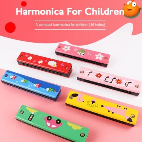 Wooden Harmonica For Children Toys Musical Instruments 16 Holes Double-Row Blow Cartoon Color Woodwind Mouth Harmonica Melodica