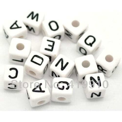 Free shipping-100 Mixed Acrylic White Alphabet /Letter "A-Z" Acrylic Cube Beads 10mm x 10mm M00517