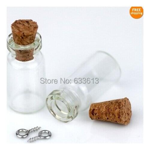 Free shipping !!! 300pcs/lot 10x18mm cork & dull silver Eyehook Tiny Clear Glass Bottles Vials Charms Pendants 0.5ml