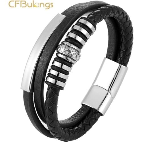 CFBulongs Hot Sale Men Black Multilayer Braided Rope Magnetic Clasp Bracelet Fashion Stainless Steel Jewelry Wholesale