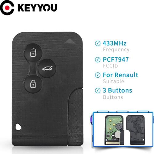 KEYYOU ID46 PCF7947 Chip For Renault Clio Logan Megane 2 3 Scenic Remote Key 3 Buttons 433Mhz Smart Card Emergency Insert