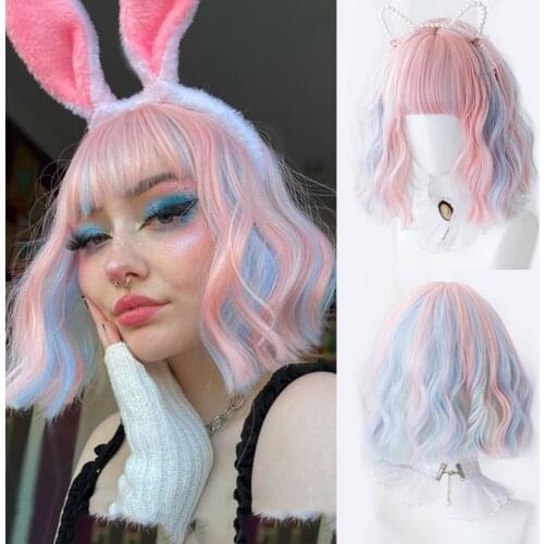 HOUYAN Mix of pink and blue Short Curly Hair Synthetic Wigs Color Bobo Curly Wig Lolita Girl Blockcolor Cosplay Wig