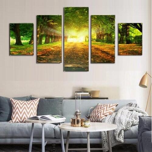 Canvas Painting 5 Pieces Green Forest Wall Art Modern Scenery On Canvas Print Beautiful Woods Landscape Home Decor No Frame
