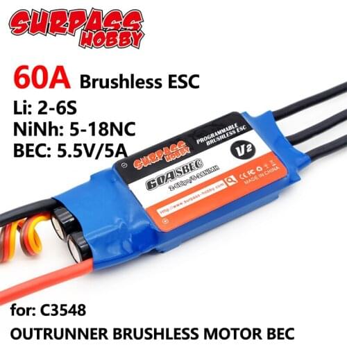 SURPASS HOBBY 60A SBEC BLHeli ESC Motor Speed Controller 5-18NC 2-6Lipo 5.5V/5A for C3548 RC Airplanes Multicopter Helicopter
