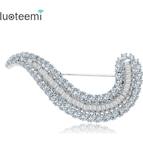 LUOTEEMI New Fashion Full Fill Clear Cubic Zircon Hook Shape Brooches for Wedding Bridal Apparel Pins White Gold-Color Jewelry