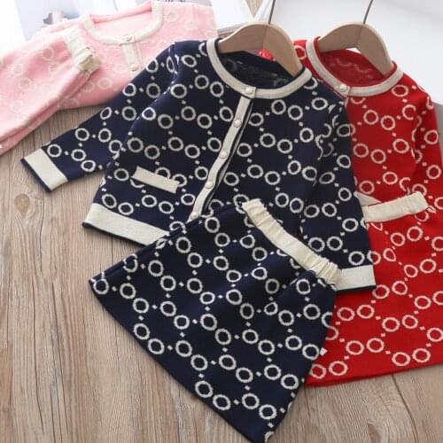2PCS Fashion Girl knitting Clothing Sets Autumn Winter Plaid Uniform Kid Causal Outfit Princess Party Preppy Style for 3-8 Ys