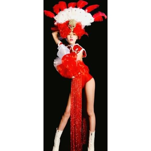 Nightclub Female Singer Gogo Dancer Performance Costumes Feather Skull Headdress Sexy Fringe Suit Halloween Party Outfit DWY4750