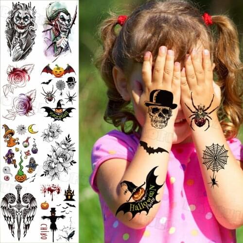 Halloween Skull Spider Bat Temporary Tattoos For Kids Face Neck Women Men Clown Rose Flower Fake Tatoos Wings Tattoo Stickers