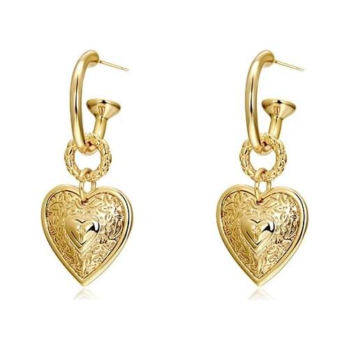 Carved Heart Drop Earrings Brass With 18K Gold Womem Jewelry Punk Party Gown Runway rare Boucle Korean Japan INS Boho Top