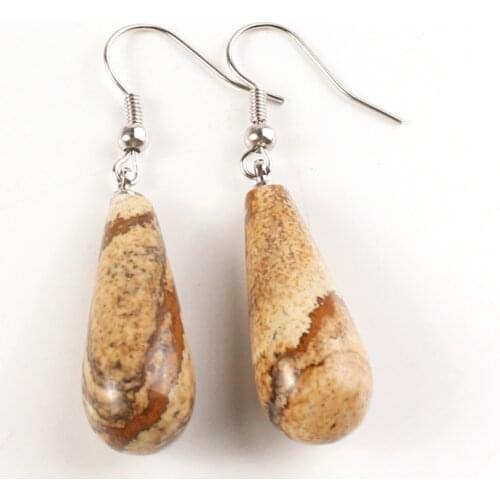 Trendy-beads Silver Plated Long Water Drop Hanging Earrings For Anniversary Picture Stone Jewelry