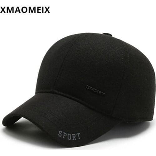 XMAOMEIX Mens Warm Hat Winter Baseball Cap With Ears Adjustable Size Letters Casual Sports Caps Thick Earmuff Hats Snapback Cap