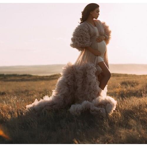 Modest Ruffles Tulle Long Maternity Dresses To Photography Full Sleeves Mesh Tulle Prom Gowns Vestidos