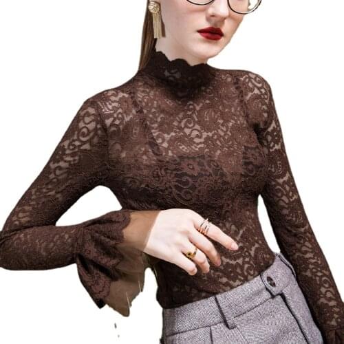 2021 New Lace Bottoming top female horn long sleeves with a small shirt printing hook flower hollow stand-up collar solid color