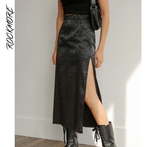 Rockmore Jacquard Midi Skirt Side Elegant Split High Waist Long Skirts For Women Harajuku Casual Female Black Skirt Fashion 2021