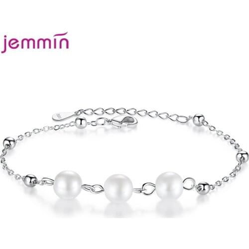 Genuine 925 Sterling Silver Chains Bracelets For Women Natural Three Simulated Pearl Wedding Engagement Pretty Gifts Jewelry