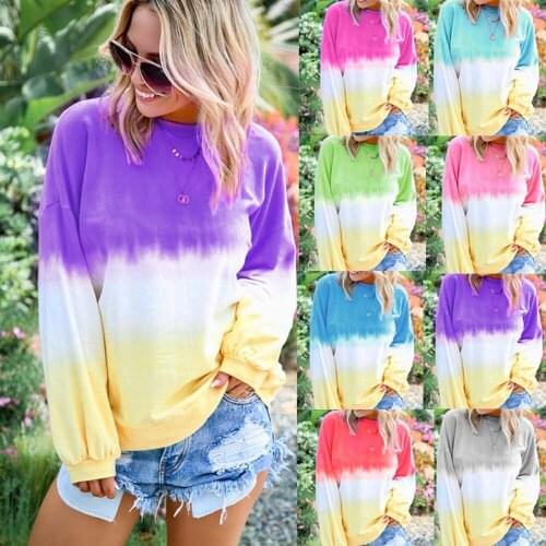 Women O-neck Long Sleeve Gradient Rainbow Color Printing T-shirts Ladies Casual Loose Slim Fit Soft T-shirts 2019 New