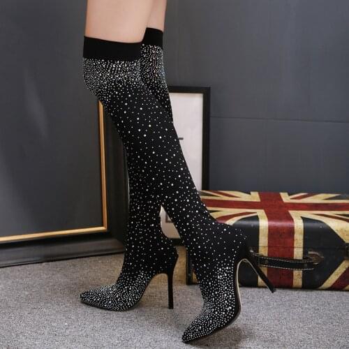 2021 New Design Fashion Pointed Toe Bling Over Knee Boots Crystal Long Sock Women Boots High Heel club Sock Boots size 35-40
