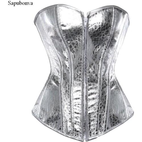 Sapubonva corset bustier top women vintage style gold silver overbust corset leather nightclub sexy korsett lingerie strapless