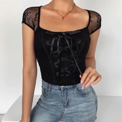 GREYGEM Summer Woman Crop Top Lace Short Sleeve Patchwork Bandage Clothes Square Collar Goth Vintage Slim Fit Black T-Shirts