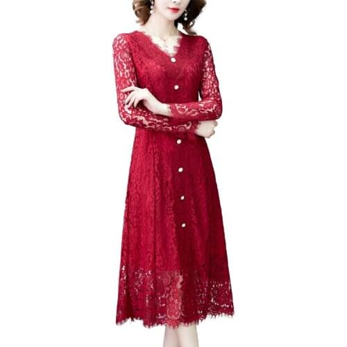 2021 New Spring Autumn Women V-Neck Long Sleeve Slim Long Dress High Quality Single-breasted Elegant Lace Dress